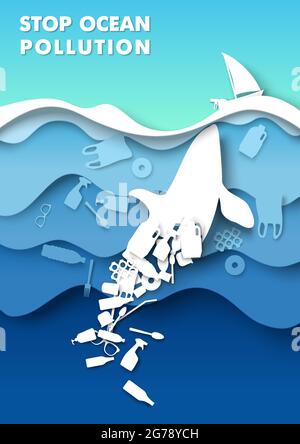 Stop Meeresverschmutzung Poster Vorlage. Papier geschnitten Unterwasser Hintergrund, Meerestier, schwimmende Müll Vektor-Illustration Stock Vektor