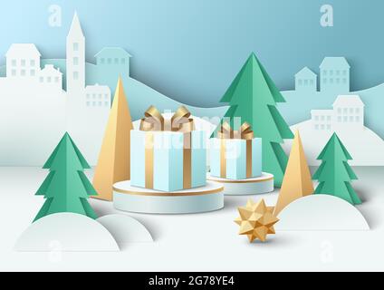 Geschenkbox mit goldener Schleife auf dem Podium, papiergeschnittener Winterhintergrund. Frohes neues Jahr, Frohe Weihnachtsanzeigen, Vektor Stock Vektor