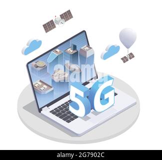 isometrische Zusammensetzung des 5g-Hochgeschwindigkeits-Internets mit runder Plattform und Bild des Laptops mit 5g-Symbolen als Vektorgrafik Stock Vektor