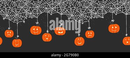 Niedliche handgezeichnete Halloween nahtlose Muster mit Kürbissen, glücklich, wütend, überrascht, toll für Textilien, Tapeten, Verpackung, Oberflächen - Vektor-Design Stock Vektor