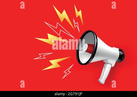 Lautsprecher und Megaphon mit Beleuchtung auf rotem Hintergrund realistische Vektordarstellung Stock Vektor