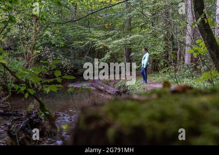 Europa, Deutschland, Baden-Württemberg, Region Schönbuch, Steinenbronn, Wanderer steht am Bach des Sulzbaches Stockfoto