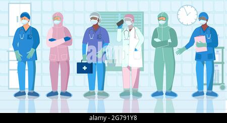 Krankenschwestern medizinisches Personal Ärzte Assistenten Schutzkleidung einheitliche Ausrüstung flache Zusammensetzung Vektor Illustration Stock Vektor