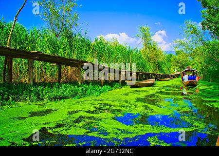 Menschen, die Shikara-Boote fahren und auf dem Fluss segeln. Eine Holzbrücke für Fußgänger. Blick auf den Dal Lake in Srinagar, Kashmir State, Indien. Juni 2018 Stockfoto