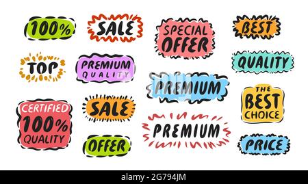 Set von Etiketten und Aufklebern für Web-Anwendungen und Business-Promotion. Commerce-Konzept Stock Vektor
