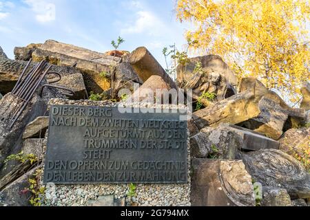 Europa, Deutschland, Süddeutschland, Baden-Württemberg, Stuttgart, Birkenkopf, Gedenktafel zwischen den Trümmern am Birkenkopf Stockfoto
