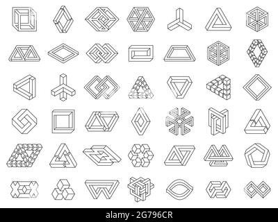 Geometrische Formen nicht möglich. Paradoxe Geometrielinien, ungeerweitern, unmögliche Geometrievektorsymbole gesetzt. Optische Illusion geometrische Symbole Stock Vektor