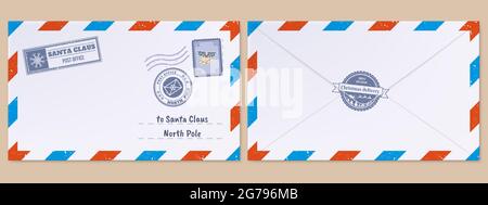 Weihnachtsmann Brief. Weihnachtsfeiertage Wunschzettel Brief, Mailing-Umschlag mit Postmarken und Briefmarken Vektor-Illustration-Set. Weihnachtsmann-Post Stock Vektor