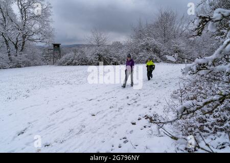 Europa, Deutschland, Baden-Württemberg, Heckengäu, Aidlingen, Mutter und Sohn auf einem verschneiten Wanderweg in Heckengäu bei Aidlingen Stockfoto