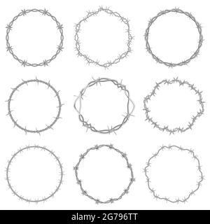 Stacheldrahtrahmen. Runde Gefängnisdraht Symbole, Kreis Stahl Rasierdraht Rahmen Vektor Illustration Set. Gesicherte Rasierdrahtelemente Stock Vektor