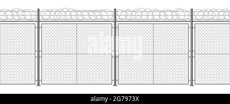 Stacheldrahtzaun aus Metall. Gesicherte Rasurdraht-Barriere, Stahlsäulen und Rasurdraht-Grenze Vektor-Hintergrund-Illustration. Gebietsschutz Stock Vektor