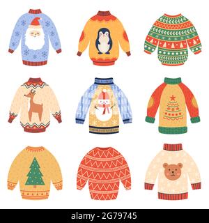 Pullover für den Winterurlaub. Niedliche Weihnachten Wollpullover, gemütliche Weihnachten Winter Kleidungsstücke Vektor Illustration Set. Warme Weihnachtspullover Stock Vektor