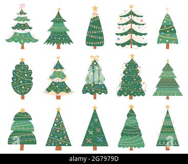 Weihnachtliche Kritzelbäume. Doodle Weihnachten Tannen, Winterferien Dekorationen isoliert Vektor-Symbole gesetzt. Neue Jahre und Weihnachten immergrüne Bäume Stock Vektor