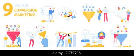 Konvertierungsmarketing-Illustrationssatz. Gewinnung neuer Kunden, Kunden kaufen Produkte online. Umsatzsteigerung Stock Vektor