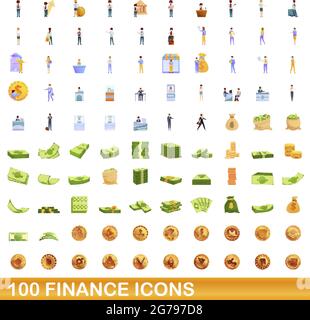 100 Symbole für Finanzen festgelegt. Cartoon Illustration von 100 Finanz-Symbole Vektor-Set isoliert auf weißem Hintergrund Stock Vektor