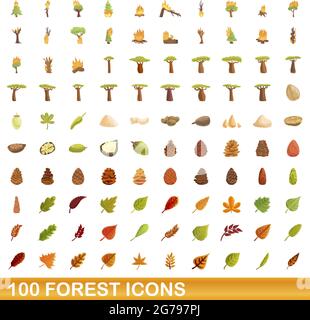 100 Symbole für die Gesamtstruktur eingestellt. Cartoon-Illustration von 100 Wald-Symbole Vektor-Set isoliert auf weißem Hintergrund Stock Vektor