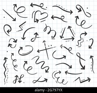 Handgezeichnetes Doodle-Pfeil-Symbol in verschiedenen Richtungen eingestellt. Curly Cursors, Zeiger nach oben, unten, links, rechts Stock Vektor
