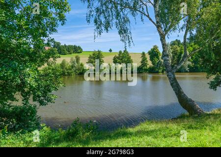 Deutschland, Baden-Württemberg, Welzheim-Aichstrut, Aichstrut Hochwasserrückhaltebecken, Aichstruter Stausee, Badeplatz mit Liegewiese. Ausflugsziel, Naherholungsgebiet im Welzheimer Wald im Naturpark Schwäbisch-Fränkischer Wald. Stockfoto