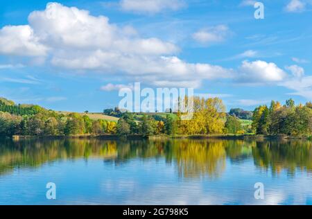 Deutschland, Baden-Württemberg, Illmensee, Herbstlandschaft am Illmensee. Der Illmensee liegt im FFH-Gebiet 8122-342 'Pfrunger Ried und Seen bei Illmensee'. Im Naturschutzgebiet liegt das eiszeitliche Seeplateau mit dem Illmensee, dem Ruschweiler See und dem Volzer See. Stockfoto