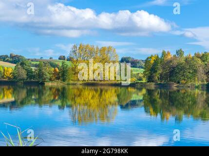 Deutschland, Baden-Württemberg, Illmensee, Herbstlandschaft am Illmensee. Der Illmensee liegt im FFH-Gebiet 8122-342 'Pfrunger Ried und Seen bei Illmensee'. Im Naturschutzgebiet liegt das eiszeitliche Seeplateau mit dem Illmensee, dem Ruschweiler See und dem Volzer See. Stockfoto