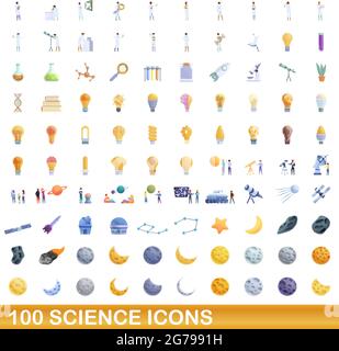 100 Science Icons Set. Cartoon Illustration von 100 Science Icons Vector Set isoliert auf weißem Hintergrund Stock Vektor