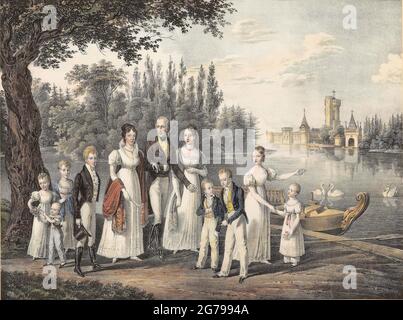 Kaiser Franz I. mit der kaiserlichen Familie im Park von Schloss Laxenburg. Museum: PRIVATE SAMMLUNG. Autor: FRANZ WOLF. Stockfoto