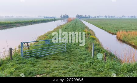 Eindrücke einer Frühjahrswanderung bei Sonnenaufgang und Nebel in Südholland in der Region Alblasserwaard Vijfheerenlanden bei Kinderdijk Stockfoto