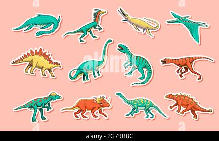 Dinosaurier Set, Tyrannosaurus rex, Triceratops, Barosaurus, Diplodocus, Velociraptor Triceratops Stegosaurus. Prähistorische Reptilien, Tier. Vintage Stock Vektor