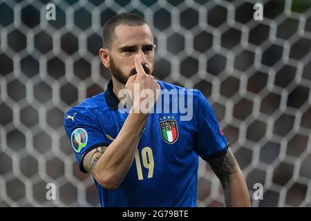 London, Großbritannien. 11. Juli 2021. Goaljubel Leonardo BONUCCI (ITA) nach dem Tor zu 1-1, Jubel, Freude, Begeisterung, Aktion, Einzelbild, Einzelmotiv abgeschnitten, Halbfigur, Halbfigur, endgültig, Spiel M51, Italien (ITA) - England (eng) am 07/11/2021 in London/Wembley Stadium. Fußball Euro 2020 von 11.06.2021-11.07.2021. Foto; Marvin Guengoer/GES/Pool via Sven Simon Fotoagentur GmbH & Co. Pressefoto KG # Prinzessin-Luise-Str. 41 # 45479 M uelheim/R uhr # Tel 0208/9413250 # Fax. 0208/9413260 # GLS Bank # BLZ 430 609 67 # Konto 4030 025 100 # IBAN DE75 4306 0967 4030 0251 00 # BIC GENODEM1GLS # www.sve Stockfoto