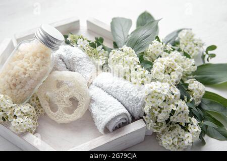 Spa Stillleben mit Gesundheits- und Körperpflegeprodukten, Loofah und Meersalz. Stockfoto