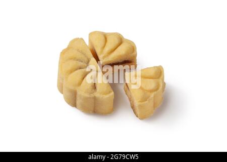 Köstliche Mungbohne Mondkuchen Mooncake Gebäck für Mid-Autumn Festival Essen isoliert auf weißem Tisch Hintergrund. Stockfoto
