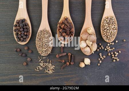 Ansicht von oben Sortiment von Gewürzen in Holzlöffeln Stockfoto