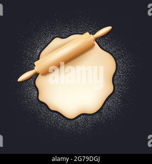 Realistisches Holzpfropfen und Knetteig mit Mehl. Designkonzept für Backen, Pizza, Kekse, Kekse, Brot. Dunkler Plattenhintergrund, Vektor Stock Vektor