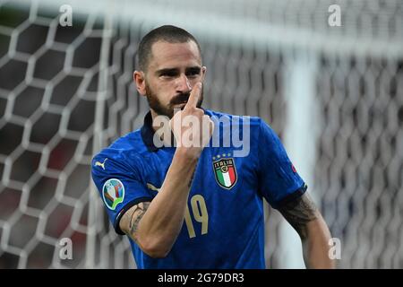 London, Großbritannien. 11. Juli 2021. Goaljubel Leonardo BONUCCI (ITA) nach dem Tor zu 1-1, Jubel, Freude, Begeisterung, Aktion, Einzelbild, Einzelmotiv abgeschnitten, Halbfigur, Halbfigur, endgültig, Spiel M51, Italien (ITA) - England (eng) am 07/11/2021 in London/Wembley Stadium. Fußball Euro 2020 von 11.06.2021-11.07.2021. Foto; Marvin Guengoer/GES/Pool via Sven Simon Fotoagentur GmbH & Co. Pressefoto KG # Prinzessin-Luise-Str. 41 # 45479 M uelheim/R uhr # Tel 0208/9413250 # Fax. 0208/9413260 # GLS Bank # BLZ 430 609 67 # Konto 4030 025 100 # IBAN DE75 4306 0967 4030 0251 00 # BIC GENODEM1GLS # www.sve Stockfoto