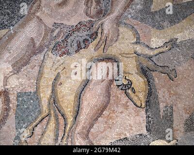 Altes römisches Mosaik der Villa del Casale, Sizilien, Italien polyphemus und ulysses Stockfoto