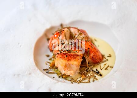 Gericht aus dem Restaurant Fonda Sala in Olost, das einen Michelin-Stern hat (Olost, Barcelona, Katalonien, Spanien) ESP.: Plato del Restaurante Fonda Sala Stockfoto