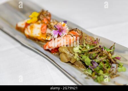 Gericht aus dem Restaurant Fonda Sala in Olost, das einen Michelin-Stern hat (Olost, Barcelona, Katalonien, Spanien) ESP.: Plato del Restaurante Fonda Sala Stockfoto