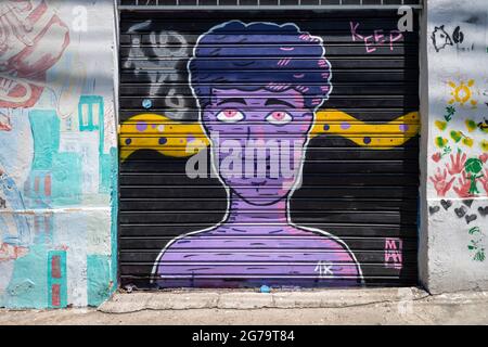 Graffiti-Wandmalereien säumen die Straßen und Hintergassen von Rio de Janeiro, insbesondere in den Vierteln Santa Teresa und Lapa. Stockfoto