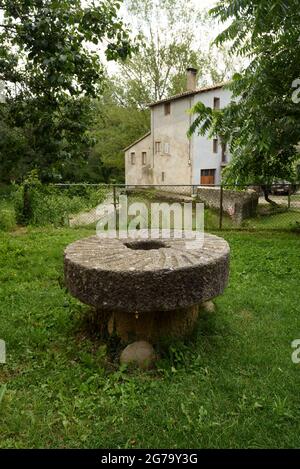 Besuch der Mühle Puig-oriol, einer alten Mehlmühle, die als Museum restauriert wurde und während der Brotroute von Lluçanès besichtigt werden kann (Osona, Katalonien, Spanien) Stockfoto