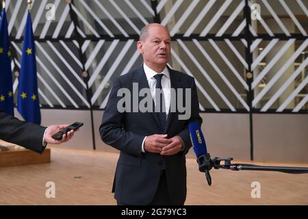 Der deutsche Finanzminister Olaf Scholz bei einem Treffen der Finanzminister der Eurogruppe auf dem Europäischen Rat in Brüssel, Belgien. Juli 2021. Kredit: ALEXANDROS MICHAILIDIS/Alamy Live Nachrichten Stockfoto