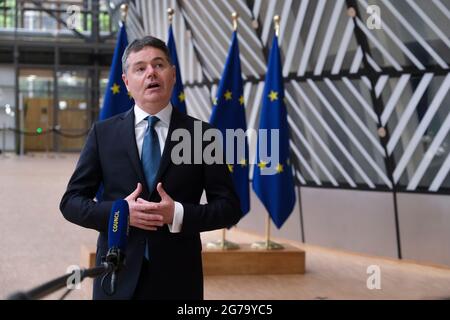 Präsident der Eurogruppe Paschal Donohoe während eines Treffens der Finanzminister der Eurogruppe auf dem Europäischen Rat in Brüssel, Belgien. Juli 2021. Kredit: ALEXANDROS MICHAILIDIS/Alamy Live Nachrichten Stockfoto