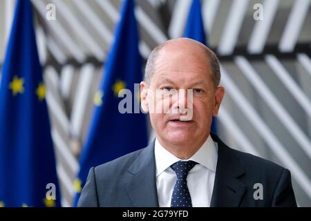 Der deutsche Finanzminister Olaf Scholz bei einem Treffen der Finanzminister der Eurogruppe auf dem Europäischen Rat in Brüssel, Belgien. Juli 2021. Kredit: ALEXANDROS MICHAILIDIS/Alamy Live Nachrichten Stockfoto