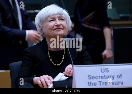 Brüssel, Belgien. Juli 2021. Janet Yellen, US-Finanzministerin, nimmt an einem Treffen der Finanzminister der Eurogruppe Teil, das am 12. Juli 2021 auf dem Europäischen Rat in Brüssel, Belgien, stattfand. Kredit: ALEXANDROS MICHAILIDIS/Alamy Live Nachrichten Stockfoto