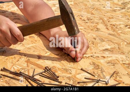 Mans hagelt Nägel in Sperrholz Oberfläche Nahaufnahme. Stockfoto
