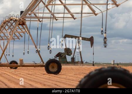 Plains, Texas - ein Ölbrunnen in der Nähe von Bewässerungsanlagen auf Ackerland im Permian Basin. Stockfoto