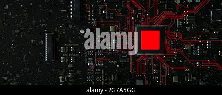 Moderne Platine mit roten konzeptionellen Informationen, die vom Prozessor mit einem 3D-Virus-Rendering laufen Stockfoto