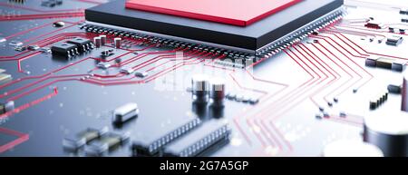 Moderne Platine mit roten konzeptionellen Informationen, die vom Prozessor mit einem 3D-Virus-Rendering laufen Stockfoto