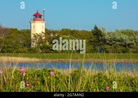 Schleswig-Holstein, Insel Fehmarn in der Ostsee. Westermarkeldorf. Blick über die Deichlandschaft beim Naturschutzgebiet Westermarkeldorfer Hütte und Salzensee. Alter Leuchtturm von Westermarkelsdorf aus dem Jahr 1881. Stockfoto