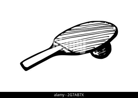 Handgezeichnetes Skizzenlogo für Tischtennisschläger und Ball. Tischtennisausrüstung. Ping Pong Spiel Paddel Icon Konzept. Vektor eps schwarze Tinte Doodle isolierte Illustration auf weißem Hintergrund Stock Vektor