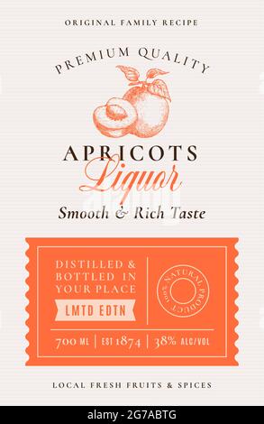 Familienrezept Aprikosenlikör Oder Acohol-Etikett. Design-Layout Für Abstrakte Vektorverpackungen. Modernes Typografie-Banner mit handgezeichneter Frucht Silhouette Logo und Stock Vektor